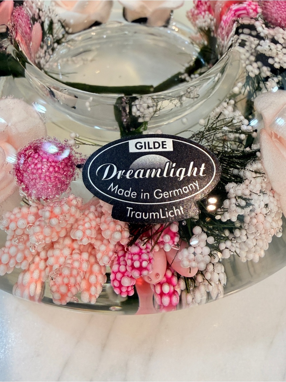 Gilde Dreamlight Glass Candle Holder with Flowers "Little Rose' Made in Germany - Picture 6 of 15